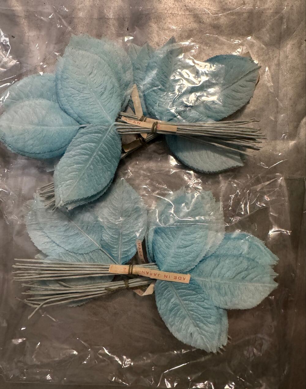 Vintage Japaese Aqua Blue Fabric Millinery Leaves Wired Stems 🌿🩵 72 Pc Lot